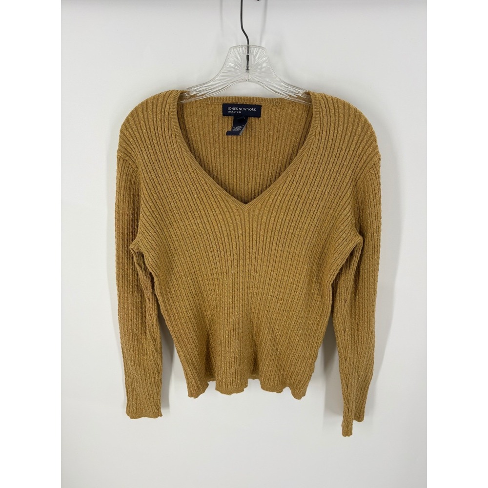 Jones New York Signature Gold Sparkle Knit V Neck Sweater Long Sleeve Size M
